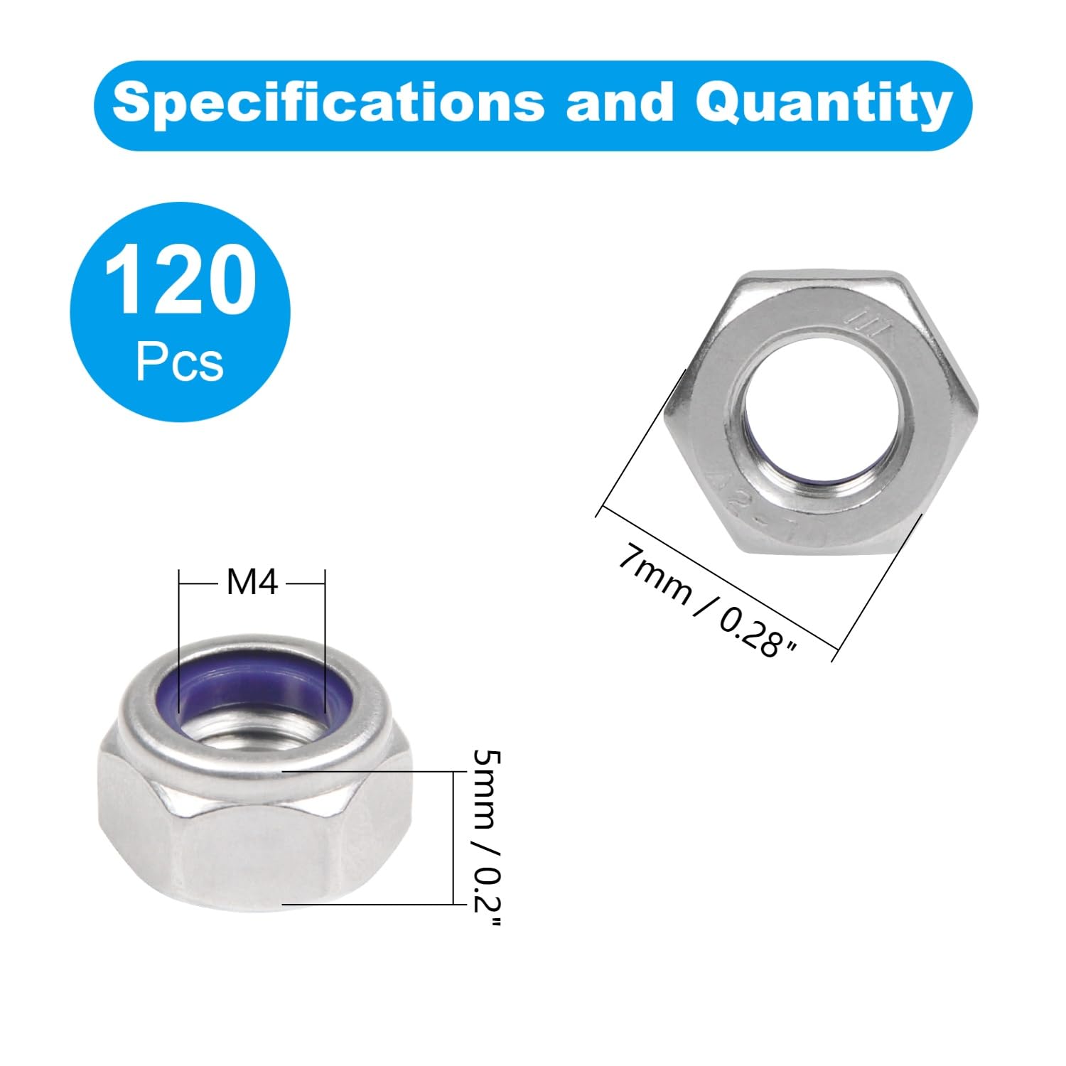 120 count M4 Locknuts M4x0.7mm Nylon Insert Hex Lock Nuts 304 Stainless Steel Metric Self-Locking Nylon Lock Nut for Industrial Construction Fasteners