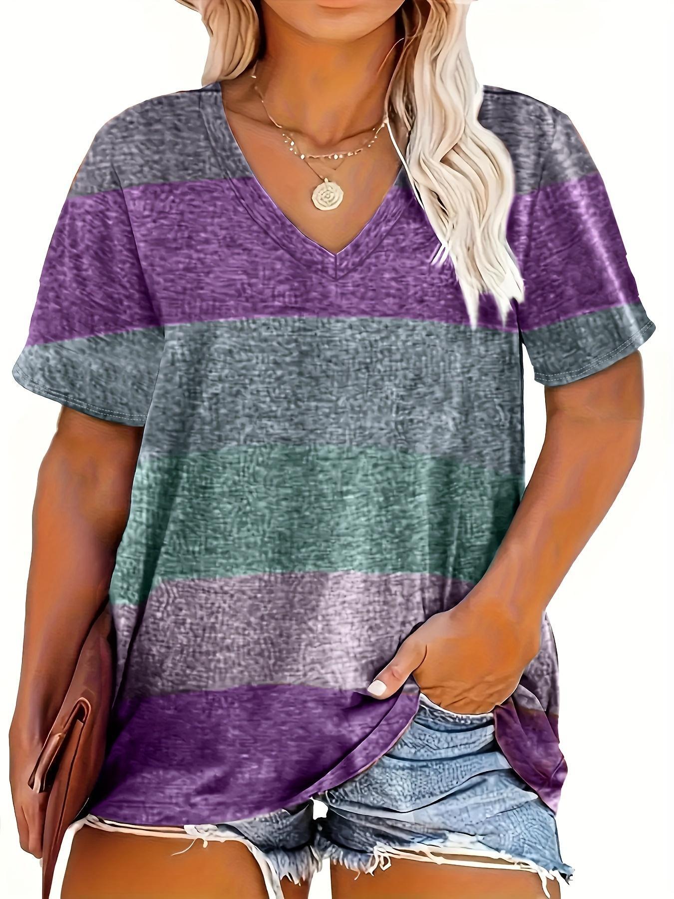 Plus Size Colorful Patchwork Print V Neck Tee, Plus Casual Stretchy Short Sleeve T-Shirt for Summer, Summer Outfits 2024, Women's Plus Clothing for Daily Wear