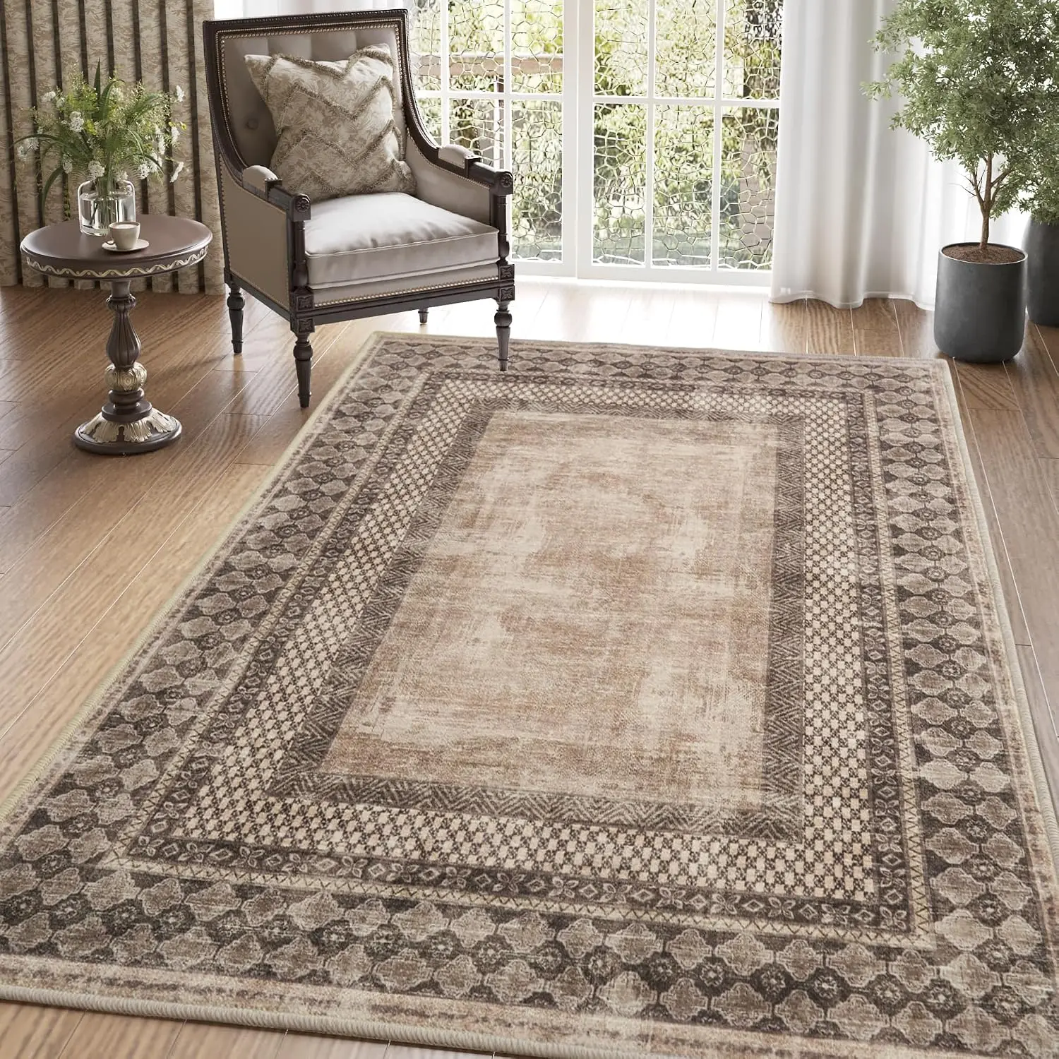 Machine Washable Faux Wool Rugs - 4x6 Area Rugs-Thin Carpet for Office, Study, Living Room Entryway with Non-Slip Backing, Distressed Large Carpet for Dining Room, Brown