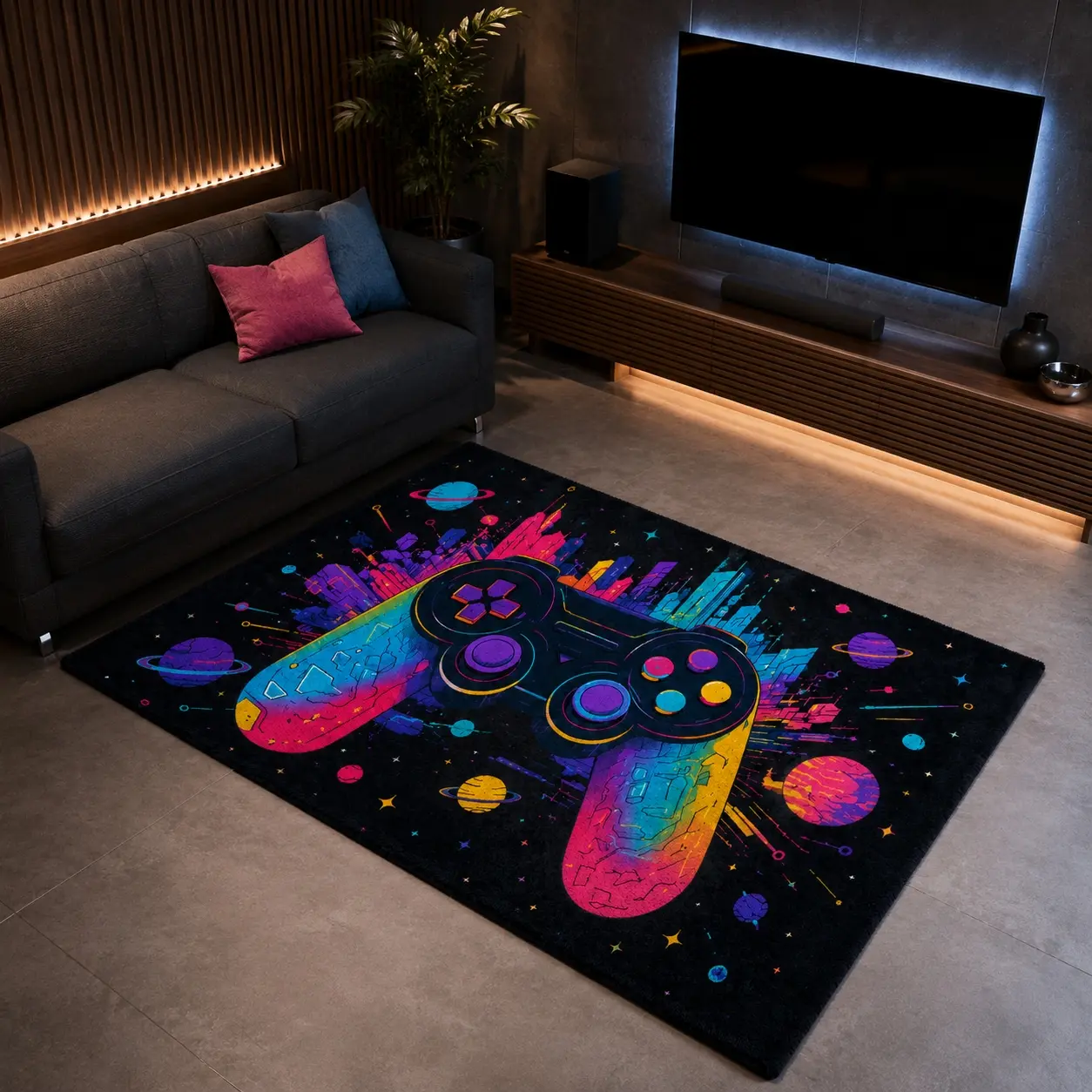 Cosmic Game Controller Rug Long Pile Faux Fur High-Definition Print Double Locked Edge Non-Slip Machine Washable Living Room Bedroom Gaming Room Decor