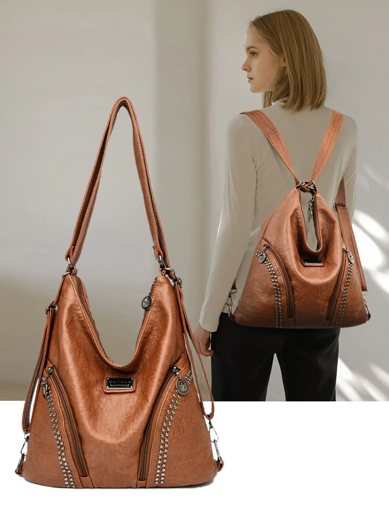 Niche design fashion retro soft leather studded backpack, large capacity with a vintage washed leather feel and multiple compartments, perfect for daily commuting, traveling, shopping, or business trips. A versatile shoulder and backpack.