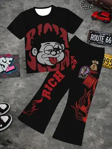 Rich Cartoon Money Flame 2 Piece Mens Tracksuit, Soft Stretch Red Graffiti Graphic Tee Black Bell Bottom Flare Pants, Hustle Hip Hop Streetwear Club Matching Outfit, Retro Viral Fashion Set