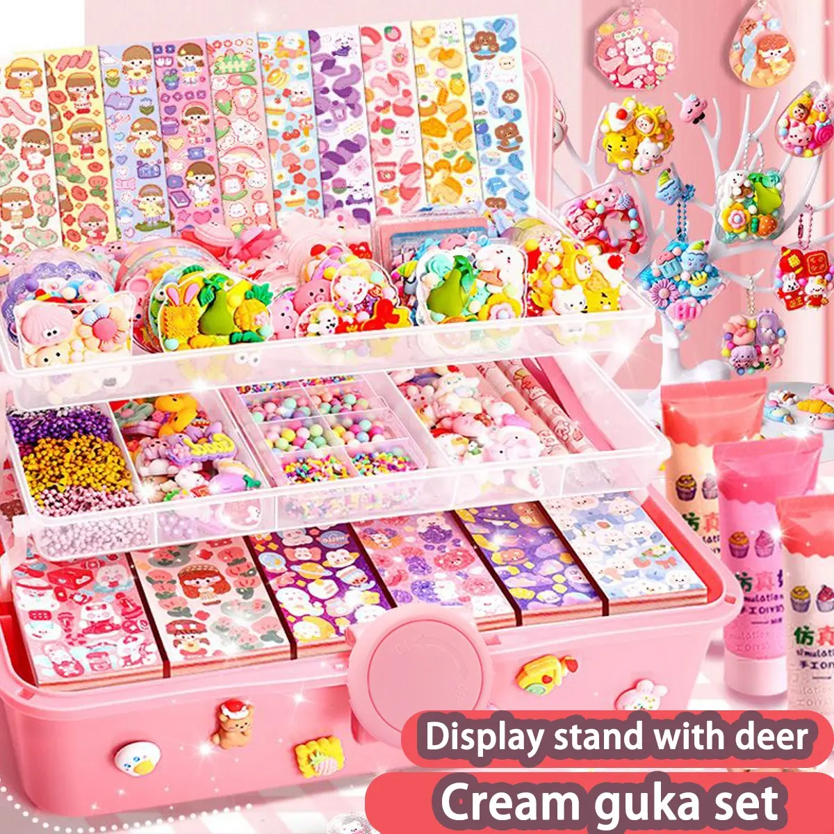Kids DIY Guka Cream & Sticker Craft Kit | 12Y+ Boys Girls Keychain Gift Box | Pink Purple Birthday New Year Holiday Toy