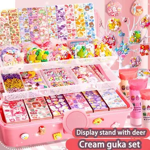 Kids DIY Guka Cream & Sticker Creative Craft Kit | 5-10Y Boys Girls Keychain Gift Box | Pink Purple Birthday New Year Holiday Toy