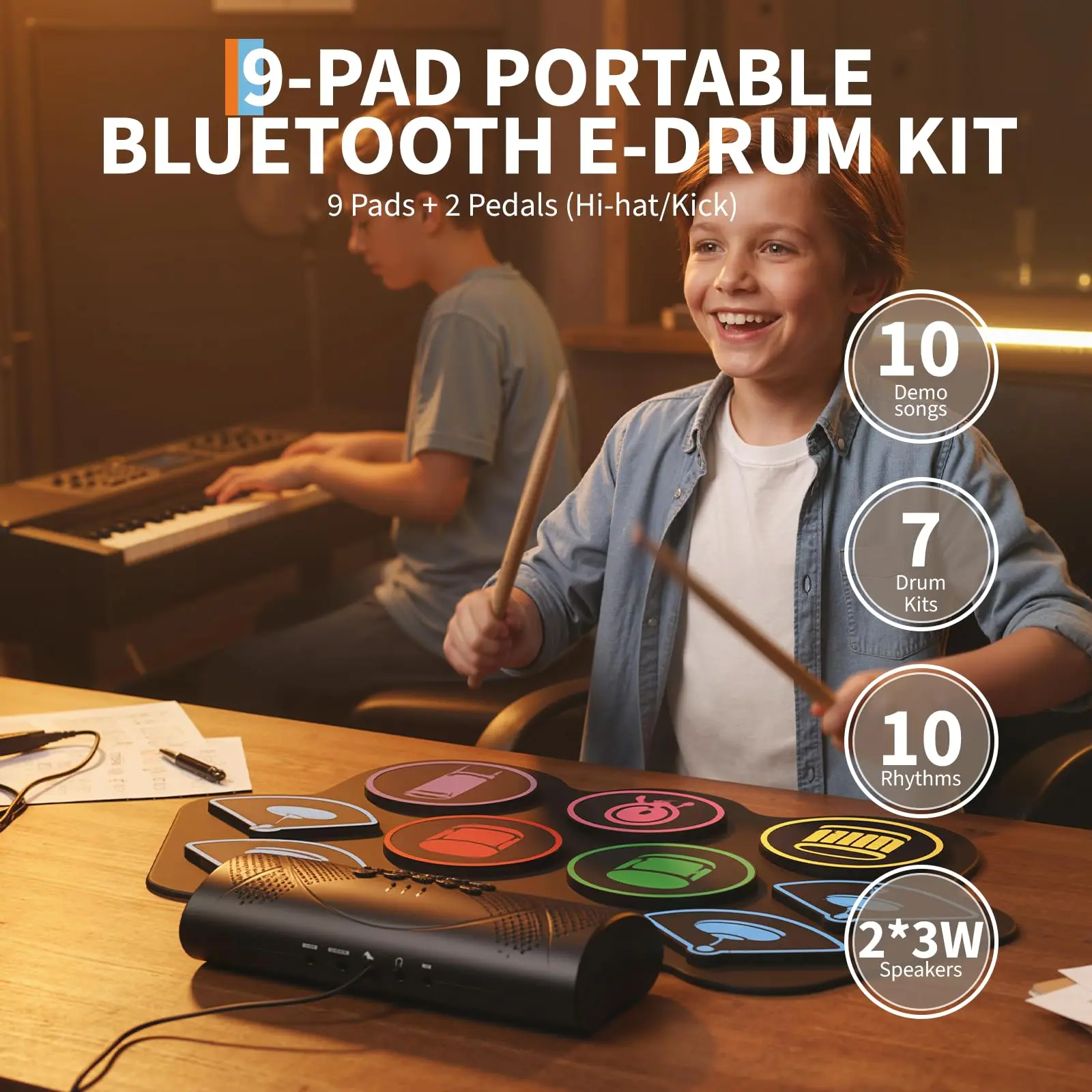 wireless Electronic Drum Pad Set – 9/7 Pads, Portable Roll-Up Silicone, Built-in Speaker, Colorful Lights, Headphone Jack, External Speaker, Ideal for Beginners, Kids & Adults – Practice Electronic Drum Pad