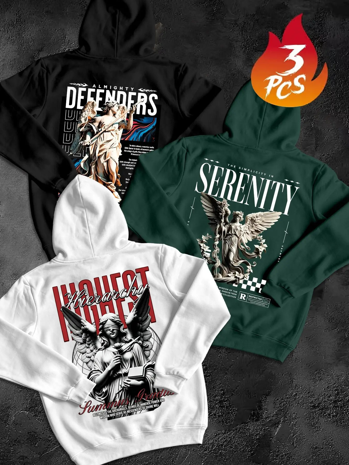 3-Pack Men's Vintage Angel Statue Print Hoodie, American Streetwear Dark Style, Loose Fit, Back Large Portrait Letter Print, Casual Street Fashion