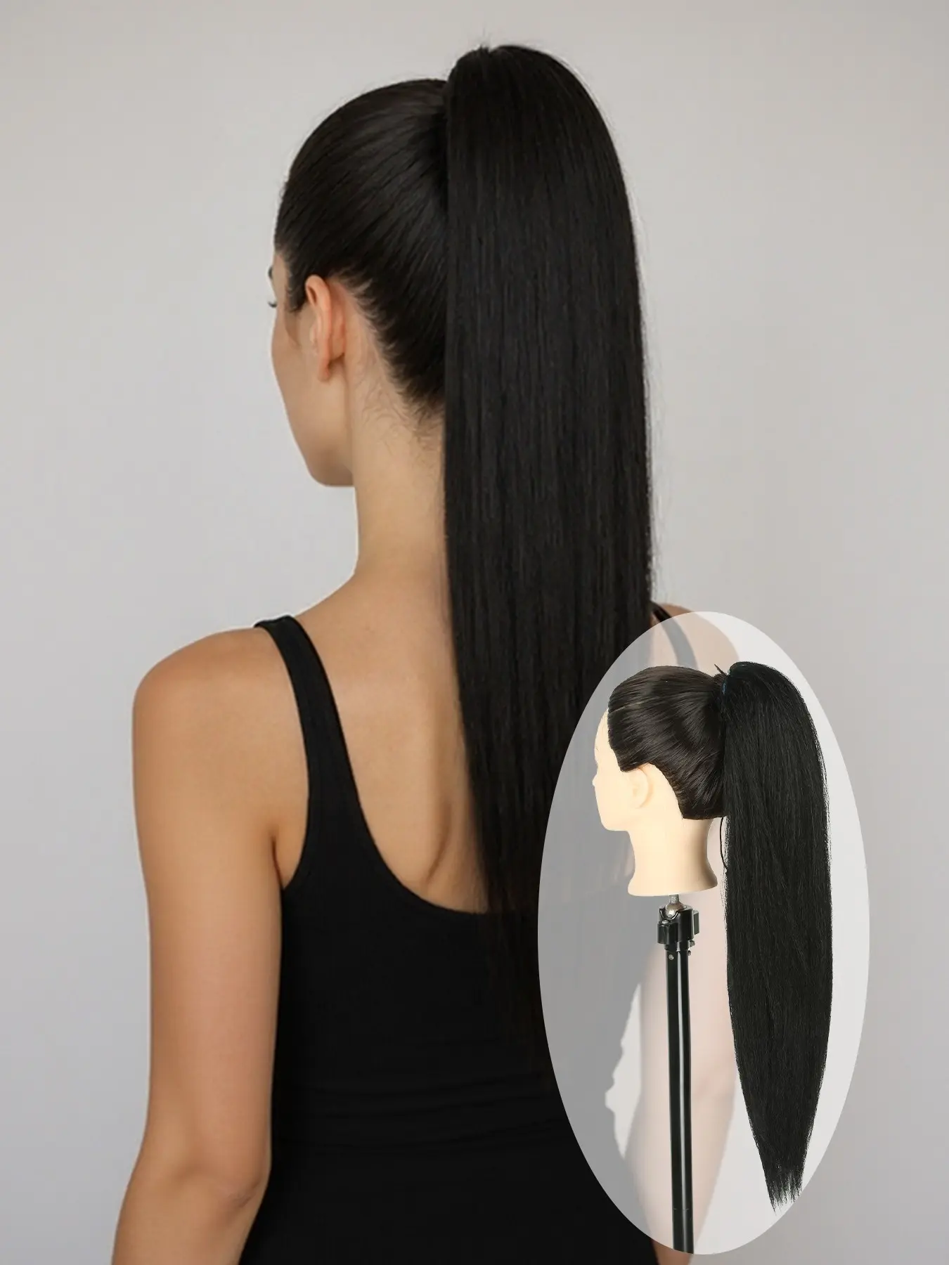 Long black Yaki straight hair drawstring ponytail, suitable for black women, 24 inches of synthetic material. Stable drawstring that doesn't slip off. Ideal for daily commuting and date styling.