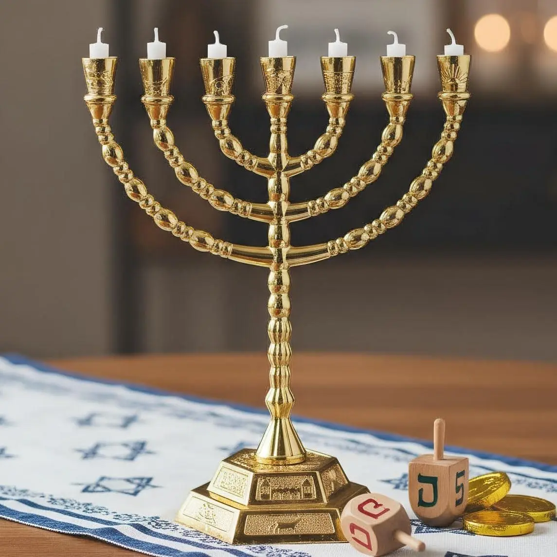Large Menorah 7 Branch Hanukkah Gold Plated Jewish Menorahs Candle Holder 12 Tribes of Israel Menorah, Jerusalem Temple 7 Branch Jewish Candle Holder - Chanukah Candle Holders Shabbat -6.9IN