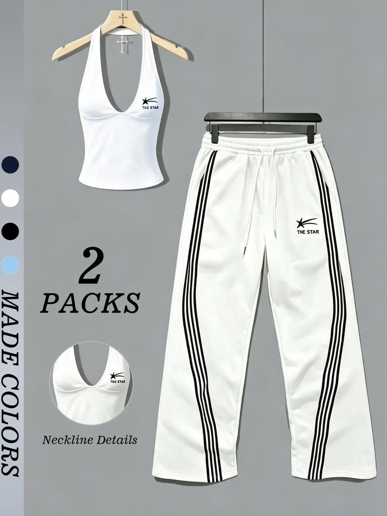 Women's Y2K Sporty Two-Piece Set, Athleisure Outfits, Casual Sporty Set, Star Print Halter Top & Striped Print Bottoms, Retro Fitness Style, Multiple Colors, Perfect for Dates, Streetwear, Casual Sportswear Outfit