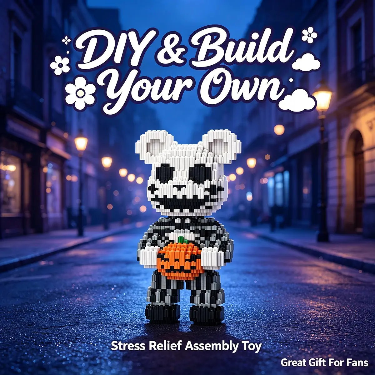 Halloween Skull Bear 3D Interlocking Puzzle Block Decor, Perfect for Home Office Shelves, Party Decoration, Ideal Gift for Holidays, Handmade Craft