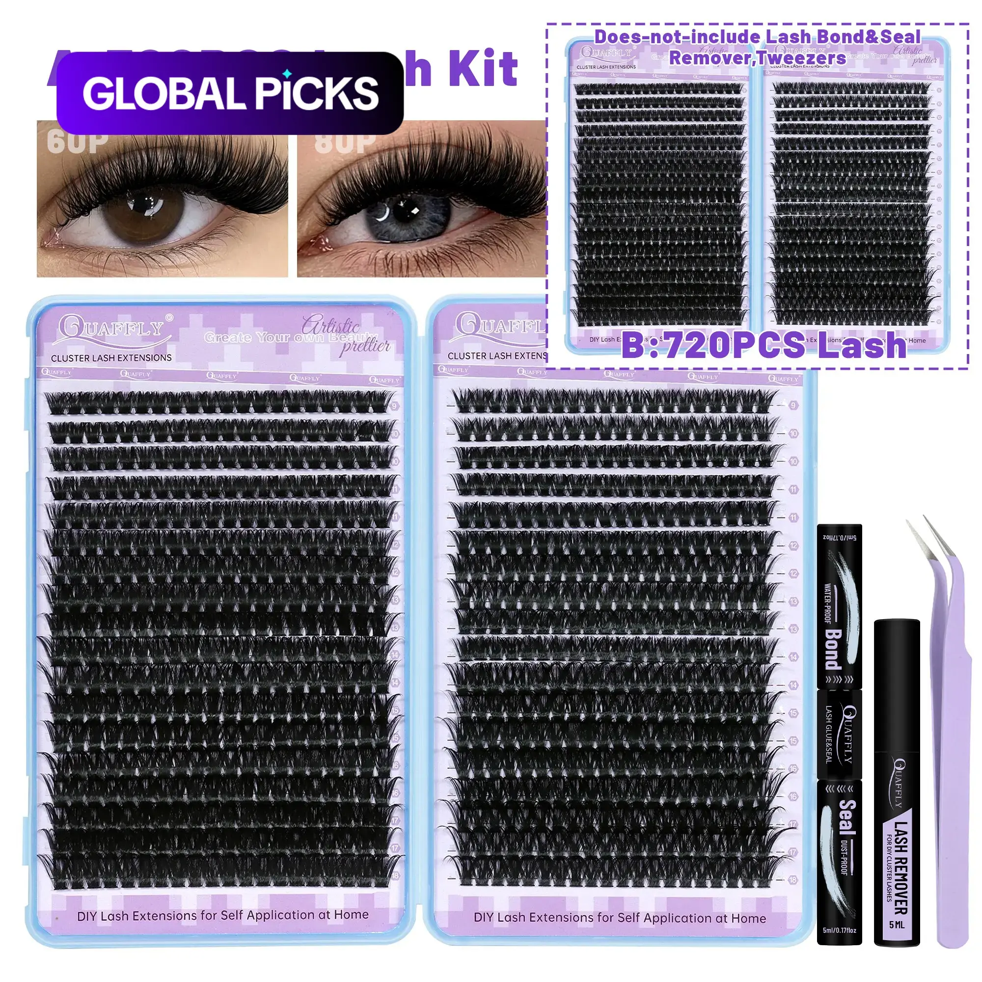 720pcs D-Type Lash Curler Set, Natural Lash Extension Kit, 60D+80D, 9-17mm-0.07D, Home DIY, Liquid Form, No Flammable Liquid, Natural Lash Clusters