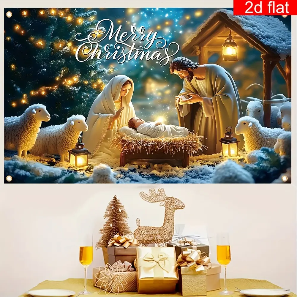 Traditional Christmas Polyester Flat Tapestry - Jesus Manger Nativity Scene Pattern, Hanging Wall Decoration with Light for Winter Party Home Decor, Festive Gift