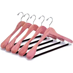 5 Pack Cedar Suit Hangers with Extra Wide Shoulder, Wooden Clothes Hangers for Coats & Jacket, Aromatic Natural Cedar Hangers with Non-Slip Velvet Pant Bar