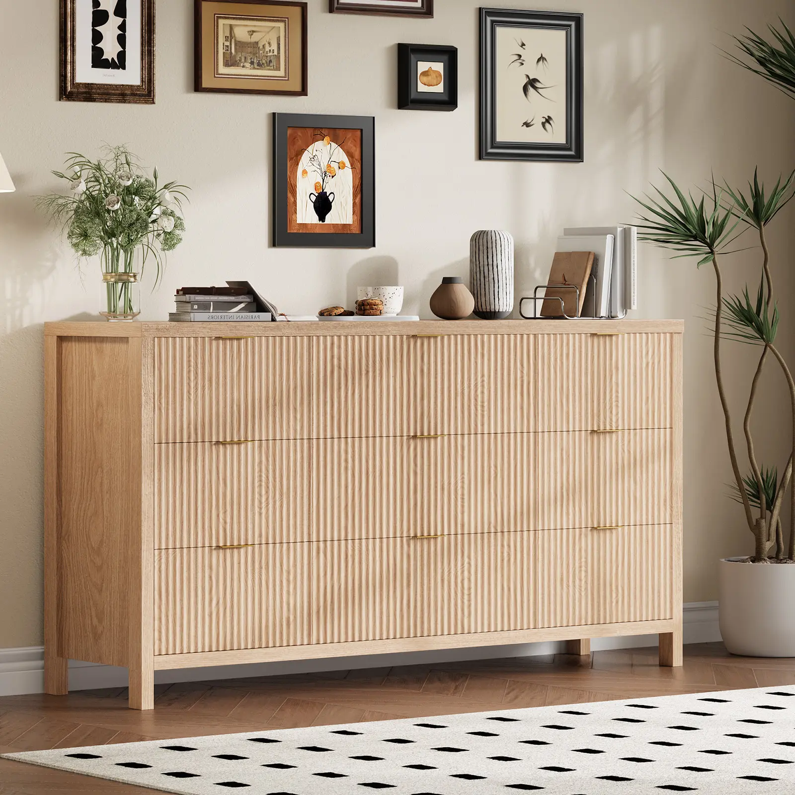 Fluted 9-Drawer Dresser Chest - Mid Century Modern Walnut Wood Storage Cabinet - Spacious Bedroom Organizer - Farmhouse Long Horizontal Drawers