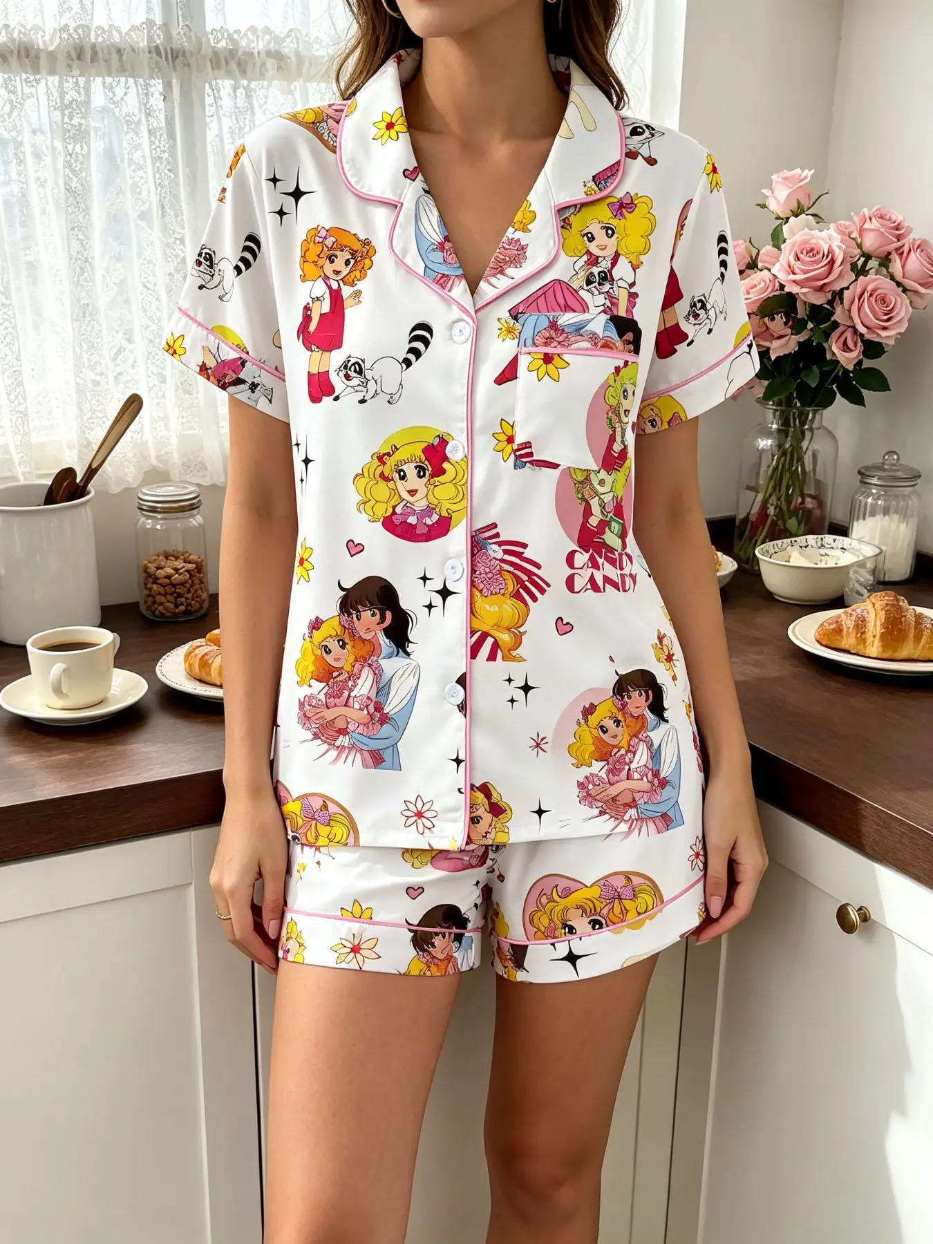 Adorable Anime Cartoon Print Women's Pajama Set, Comfortable Two-Piece Sleepwear, Short Sleeve Button-Up Top and Elastic Shorts, Casual Home Wear Gift