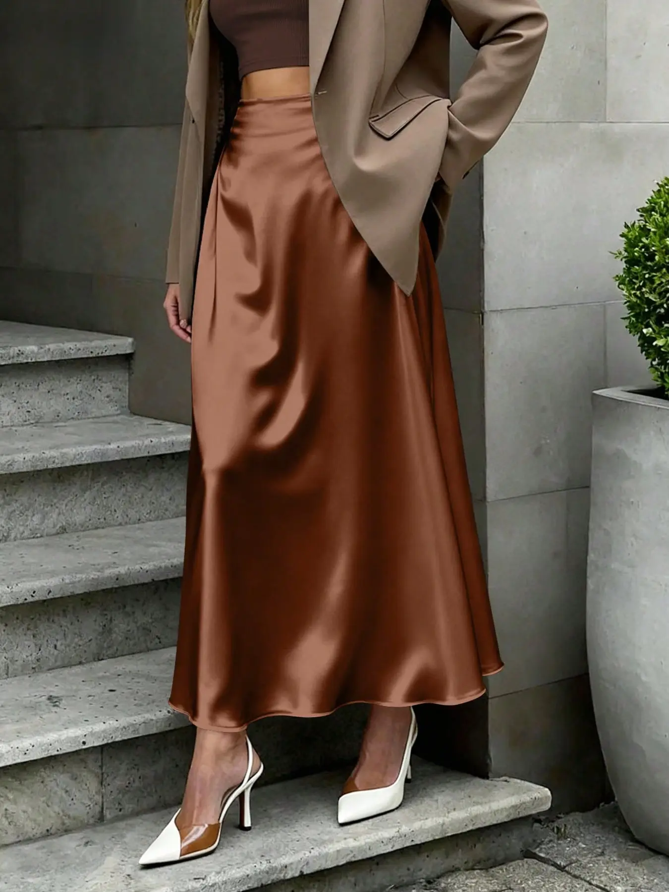 Women's Elegant Satin Long Skirt, High Waist Slimming Elastic Waist over Knee A-Line Umbrella Skirt, A Line Skirts, All Seasons Fashionable Daily Wear