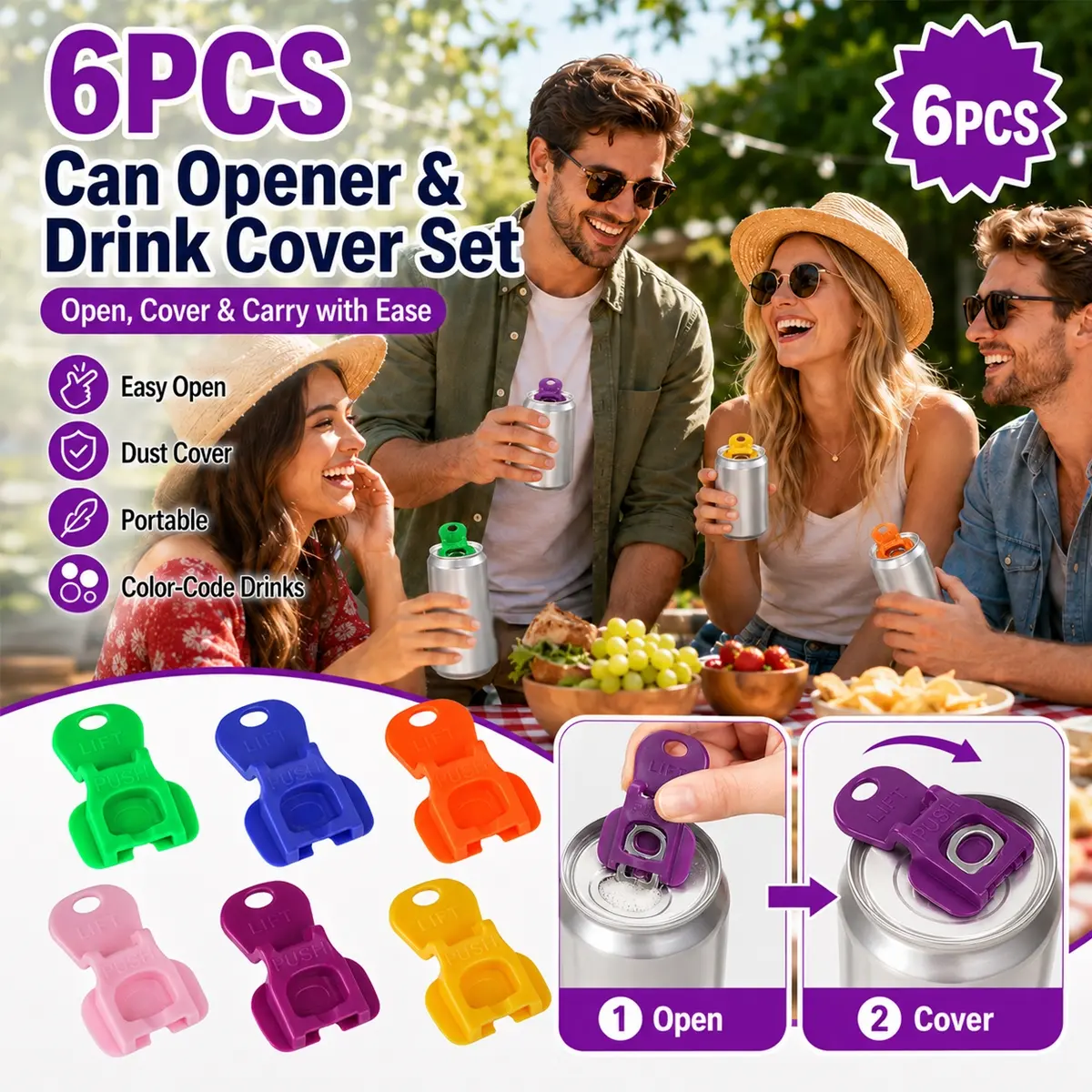 6Pcs Beverage Can Cover Opener, Reusable Soda Can Lid Protector with Easy Lift Tab, Plastic Can Topper, Multipurpose Lid Opener, Dust Proof Bee Guard Drink Can Sealer for Beer, Picnic, BBQ, Camping, Party and Outdoor Travel