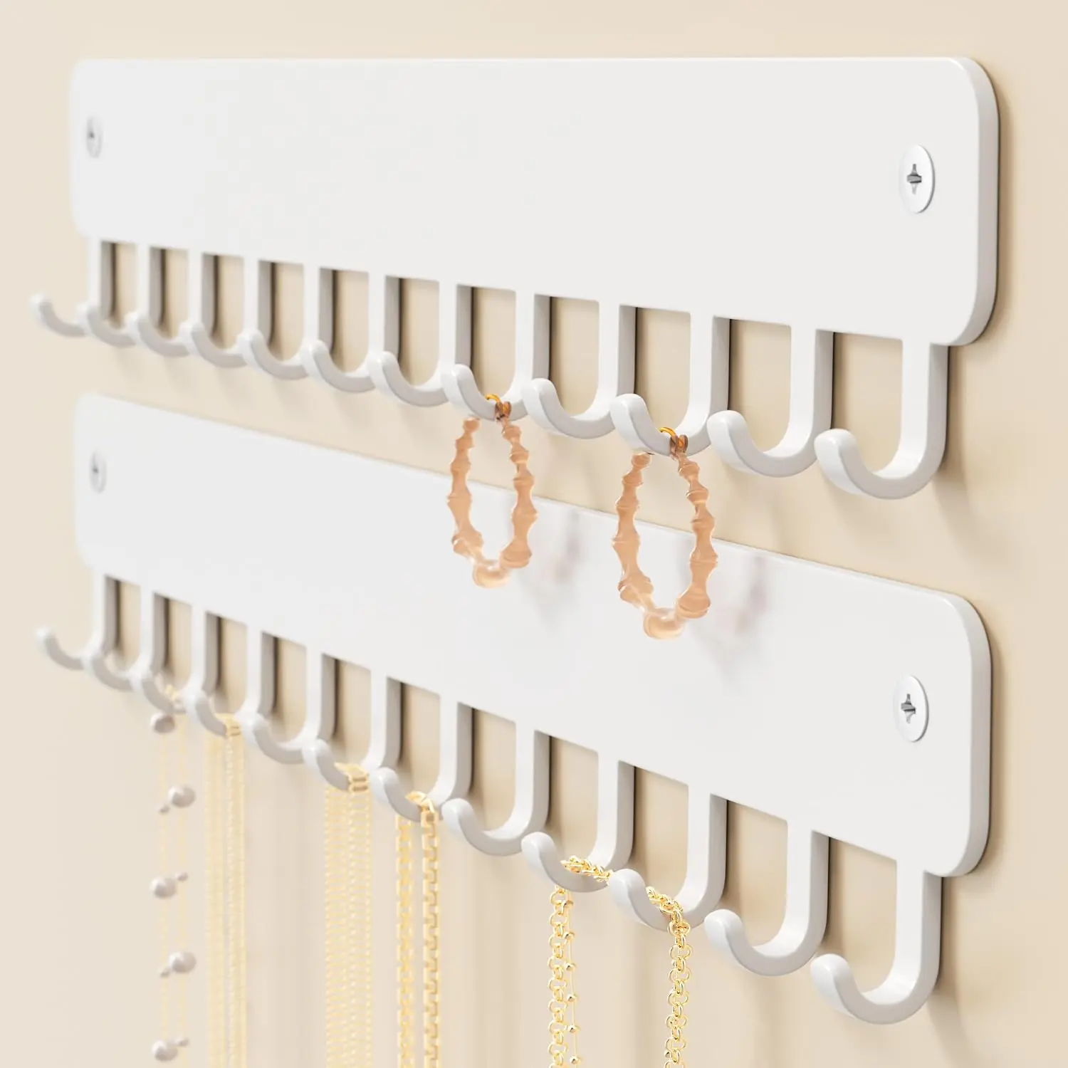 Drill-In Necklace Organizer: Sturdy Necklace Holder Wall Mounted with Hooks for -Free  Storage – Space-Saving Wall Necklace Hanger, White, 2 count