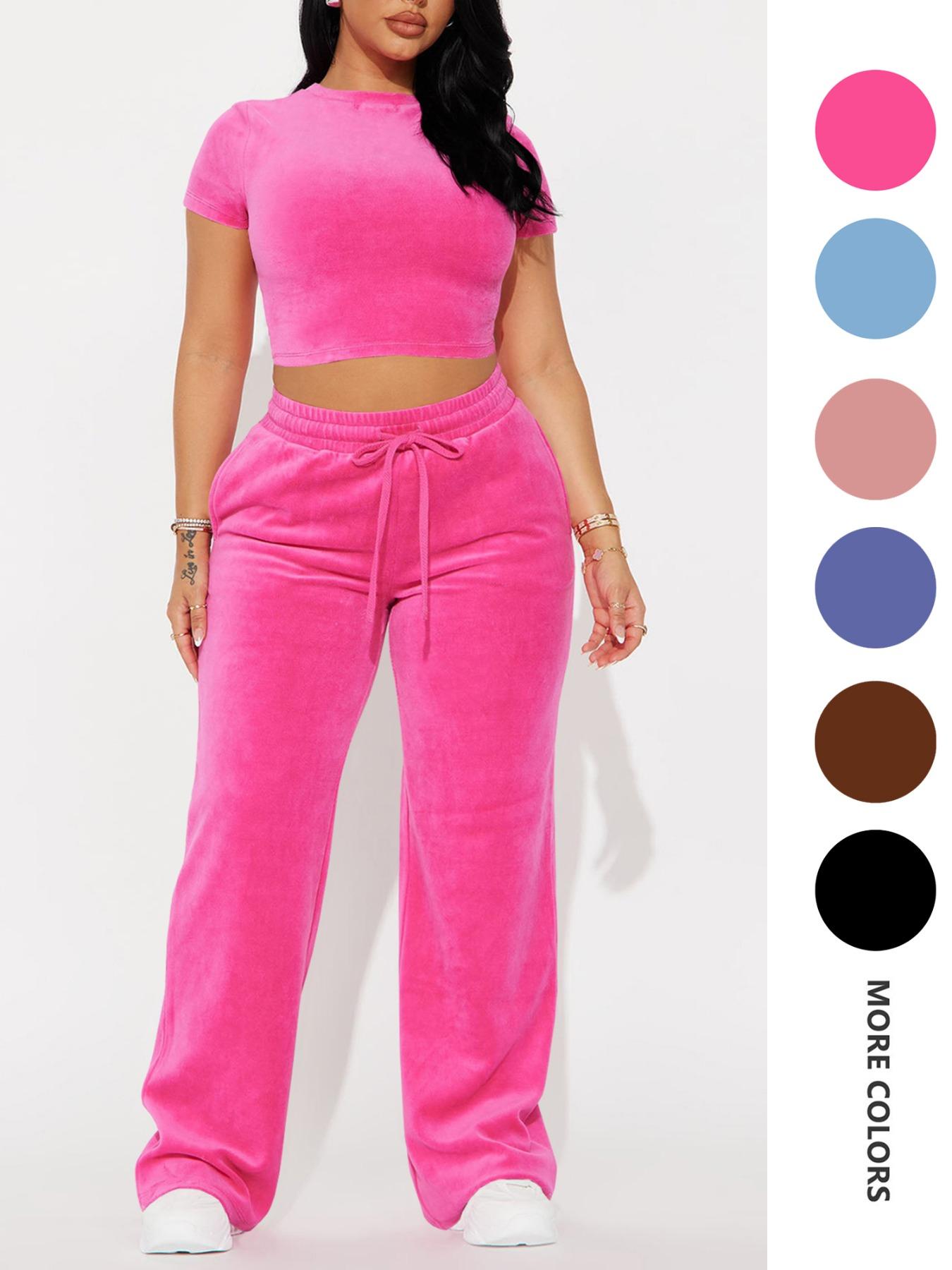 Two-piece Set Women's Solid Crop Tee & Drawstring Waist Pants Velvet Set, Casual Short Sleeve Round Neck T-shirt & Elastic Waist Trousers, Ladies Summer Clothes, Casual Matching Set