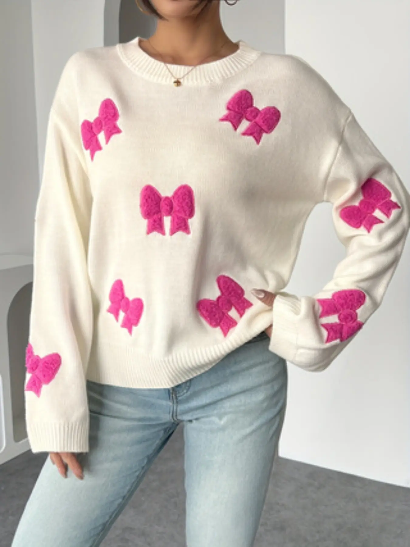 Girls' Autumn Winter Round Neck Knit Sweater, 3D Flocking Bow, Loose Drop Shoulder Long Sleeve Sweet Youthful Top