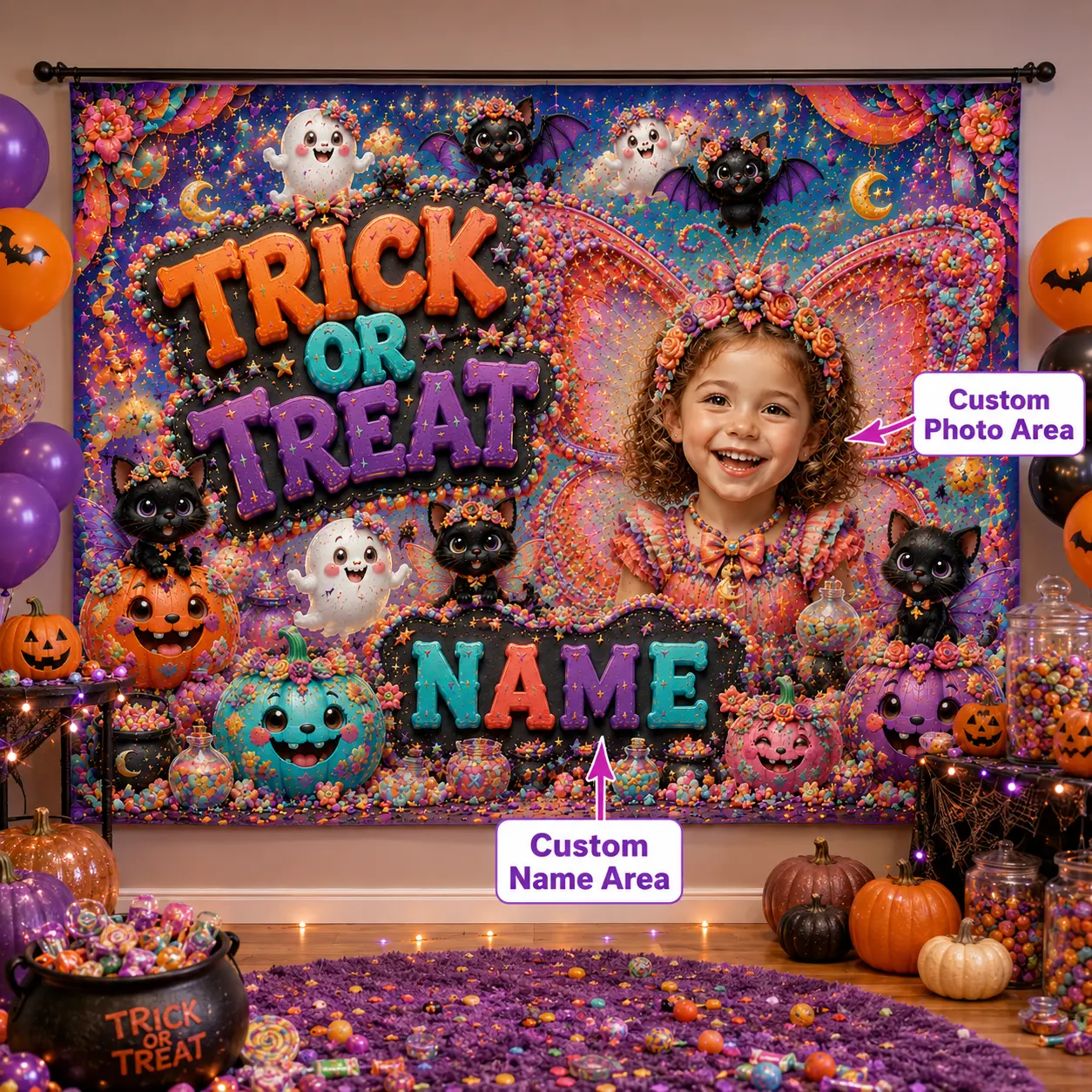 Customizable 1-Piece Halloween Candy Fairy Backdrop with Personalized Photo and Name, Colorful Pumpkins, Black Cats, Ghosts, Trick-or-Treat Party Decor Banners, One-Piece
