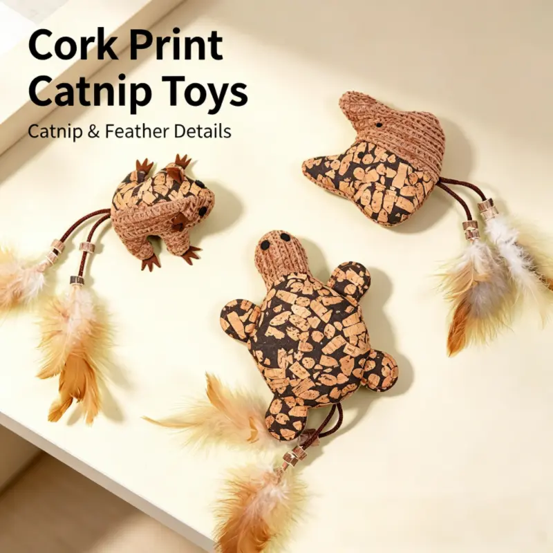 Cork Print Cat Toys with Silver Vine & Natural Catnip, Feather Teaser Refills, Durable Chew Molar Kitten Toys, Self Play Stress Relief Interactive Pet Supplies for Indoor Cats