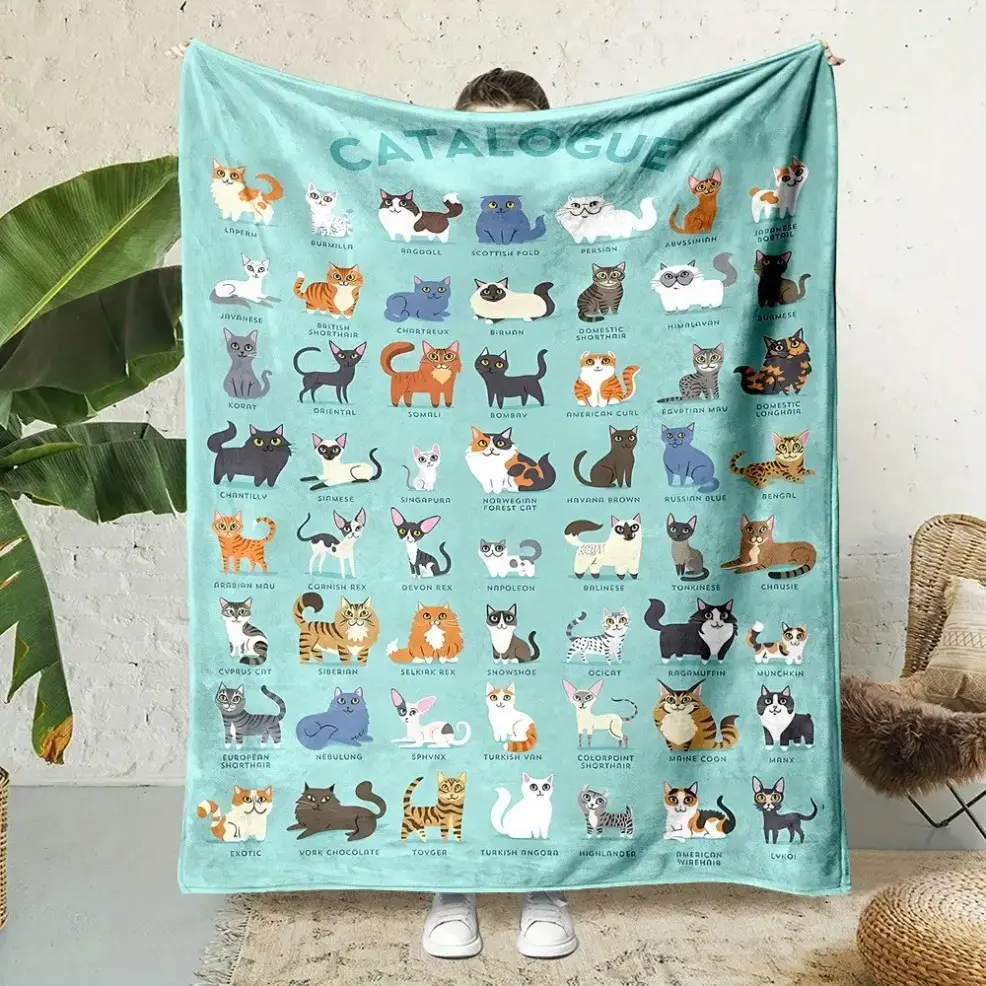 Cozy Oversized Cute Cat Patterned Blanket High Quality Polyester Fleece Machine Washable for Sofa Bed Camping Gift for Cat Lovers