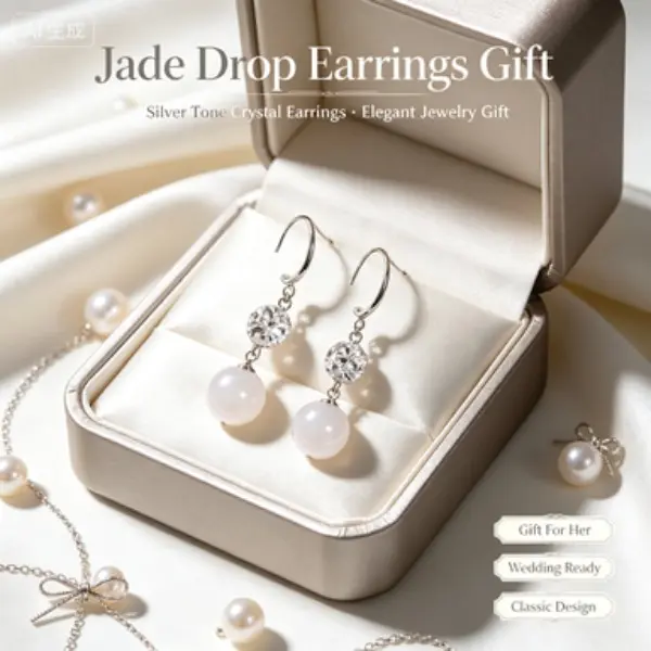 Women's Silver-Tone Hook Closure White Jade Round Bead Dangle Earrings with Shiny Crystal Accents, Elegant Vintage Costume Jewelry for Wedding, Daily Wear