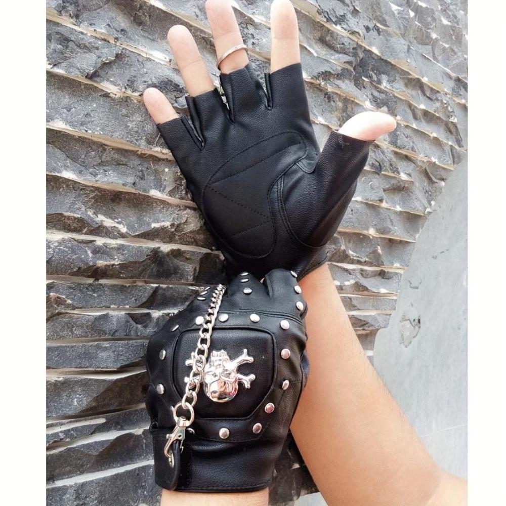 Men's Skull Half Finger Leather Gloves, Punk Rivet Chain Design, Anti-Slip Outdoor Sports & Motorcycle Riding Gloves, Novelty Pirate Style Performance Gloves