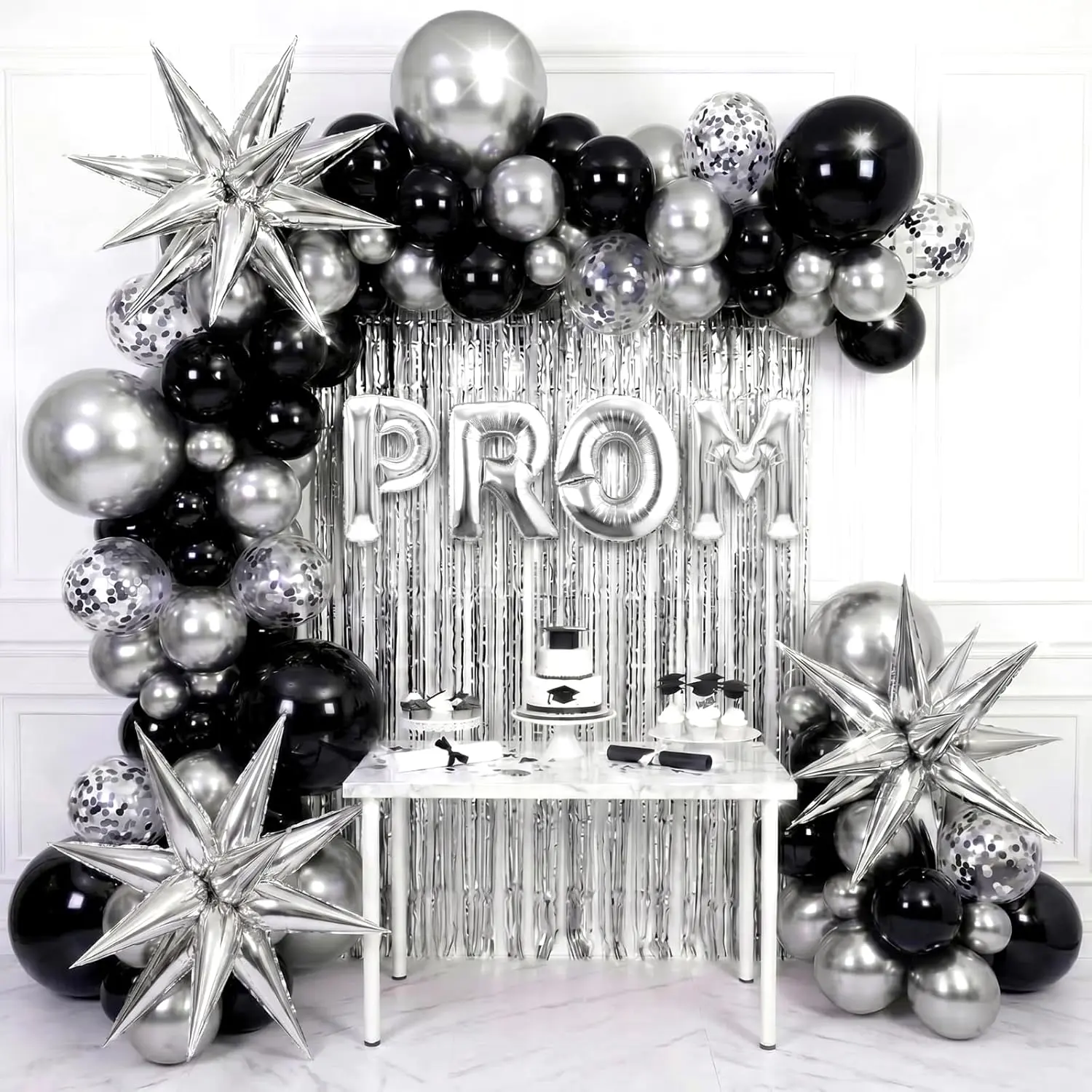 Capoda 148-Piece Prom Decorations Pack 2026, Black and Silver Balloon Garland Arch Kit, Silver Foil Curtains, Graduation Star Balloons, Congrats Grad Photo Booth Props Backdrop for Disco Birthday Parties