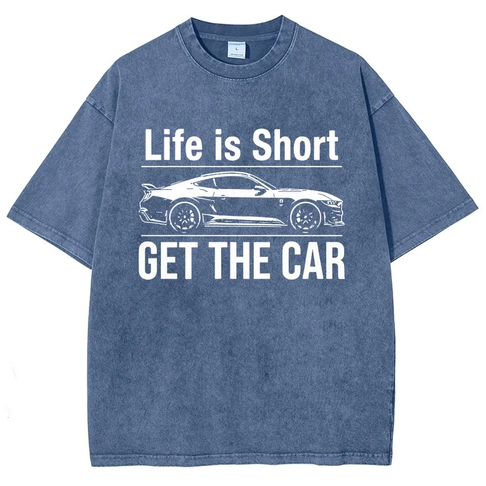 Heavyweight Vintage Wash Black Graphic Tee | Unisex Oversized "Life is Short Get The Car" Streetwear T-Shirt | Sports Car Graphic Shirt Funny Car Guy Gift Y2K