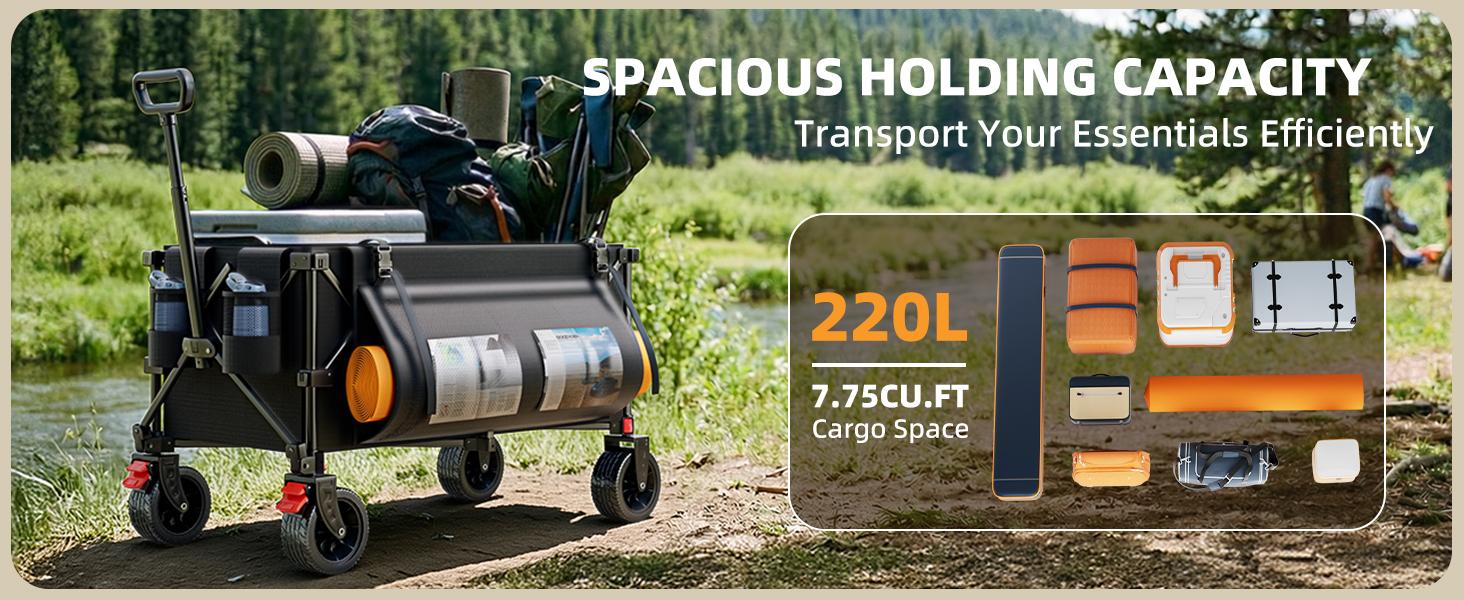 39" L Collapsible Wagon Cart, 220L Large Capacity and 440Lbs Heavy Duty, Lightweight 15lbs Folding Garden Cart with Silent All-Terrain Wheels for Beach, Camping Grass and Grocery, Black