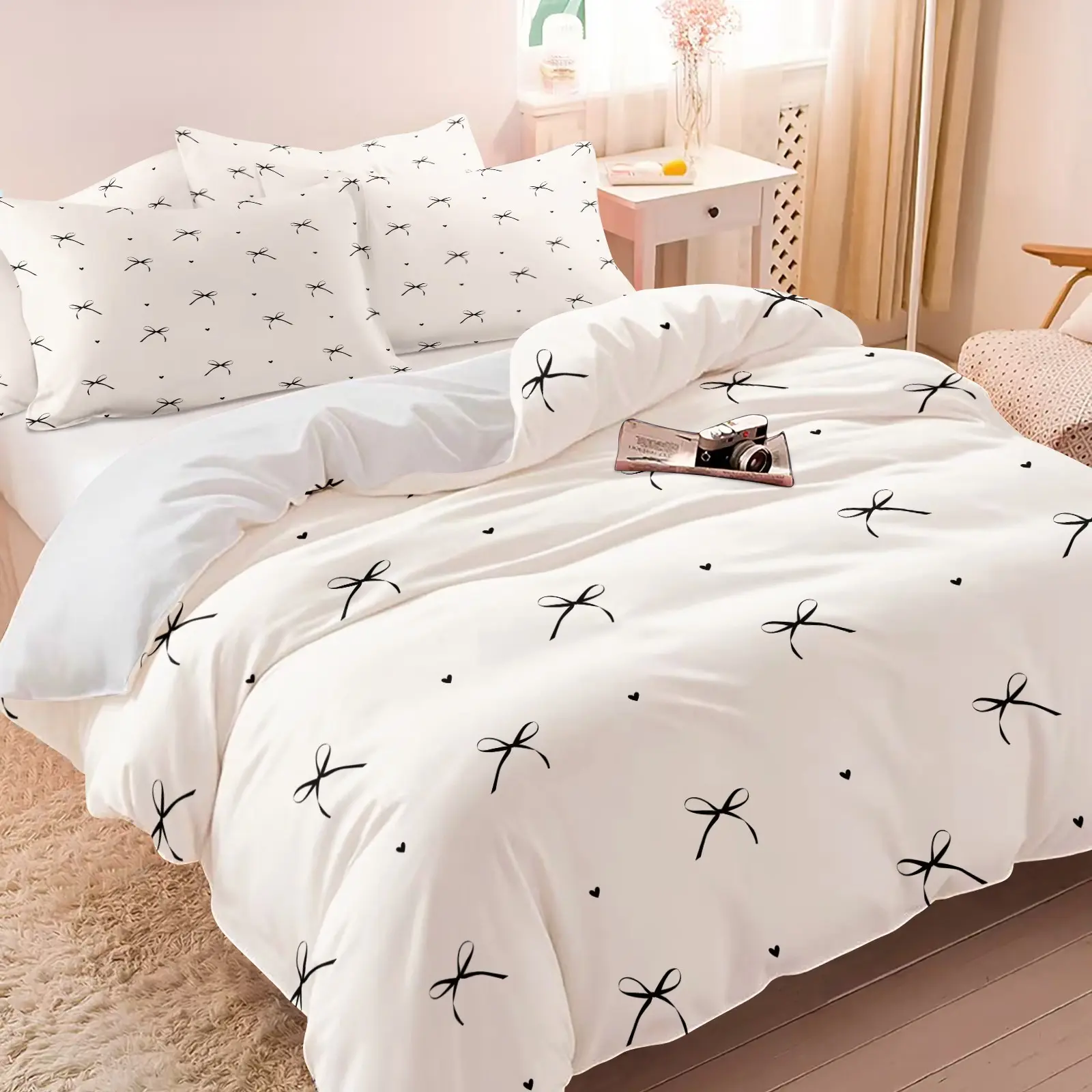 Minimalist Bow Duvet Cover Set-1 Duvet and 1-2 Coreless Pillowcases-Beige Base with Fine Hand-Drawn Black Bows-Soft Comfortable and Breathable-Korean ins Style Children's and Girls' Bedroom Decor