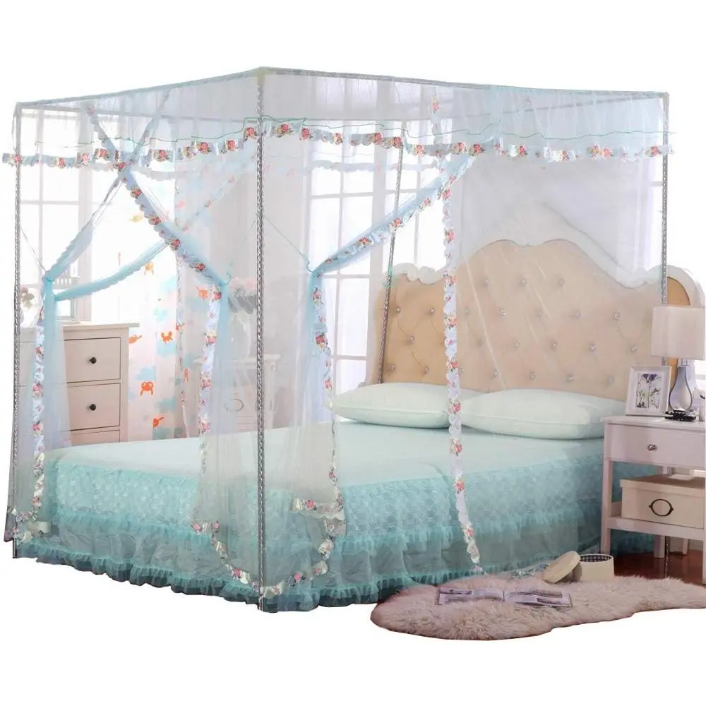 Bed Curtains Twin - 4 Corner Canopy for Beds, Bed Canopy for Girls Adult, Bedroom Decor (Twin Size, Light Blue)