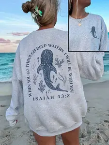Whale Shark Graphic Sweatshirt, Isaiah 43:2 Bible Verse Print, Soft Fleece Crew Neck Pullover, Long Sleeve, Coastal Aesthetic, Ocean Nautical Beach Loungewear, Faith-Based Casual Top for Women, Cozy Oversized Pullover