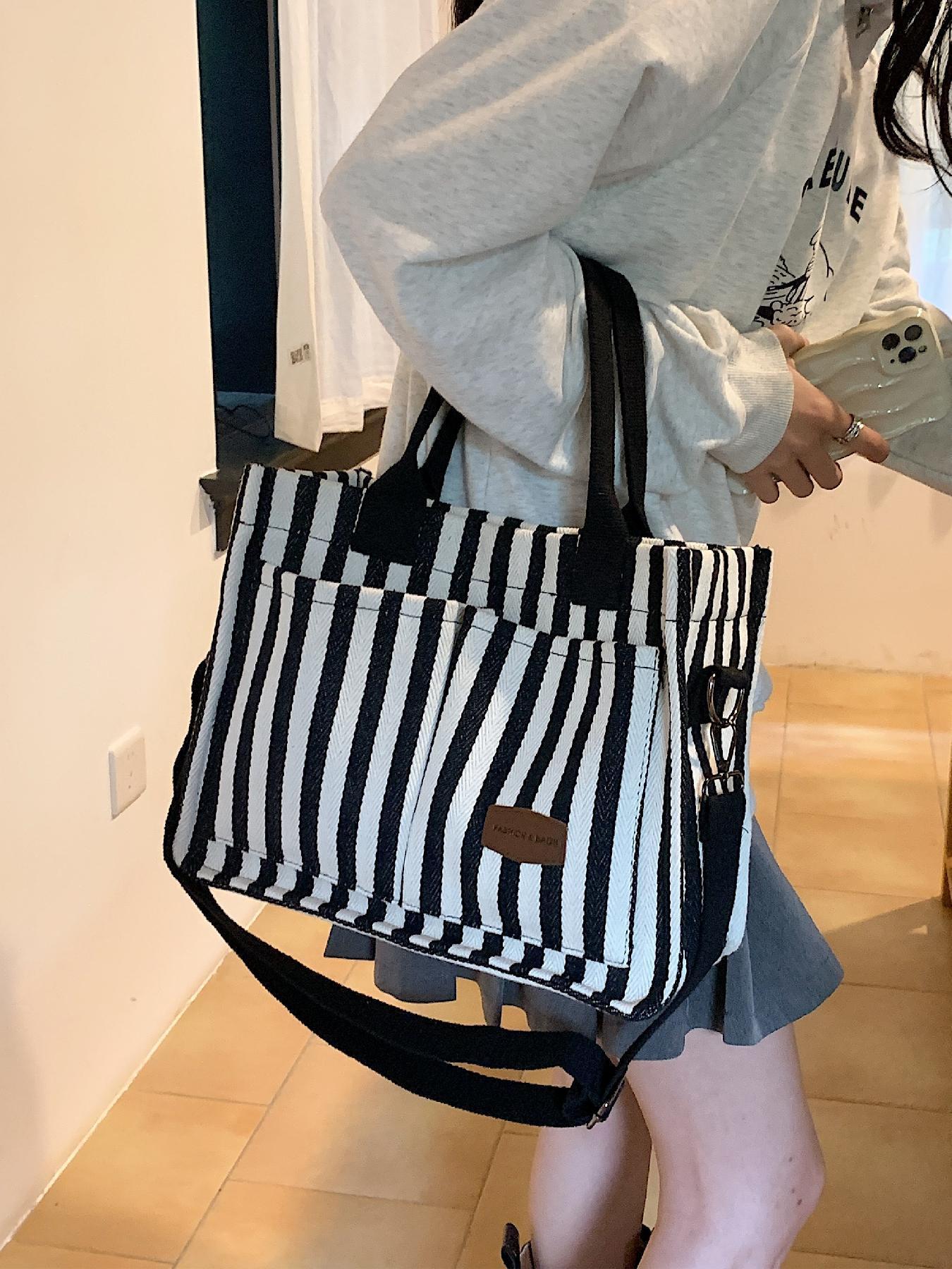 Women's Stripe Tote Bag, Large Capacity Shoulder Bag for Daily Used, Casual Trendy Versatile High-quality Daily Commuting Bag, Girl Fashionable Shopping Bag