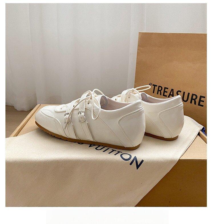 2026 Spring Collection: Patchwork Small Round-Toe Lace-Up Leather Shoes, Casual Ballet-Style Double Buckle Height-Increasing German Training Shoes