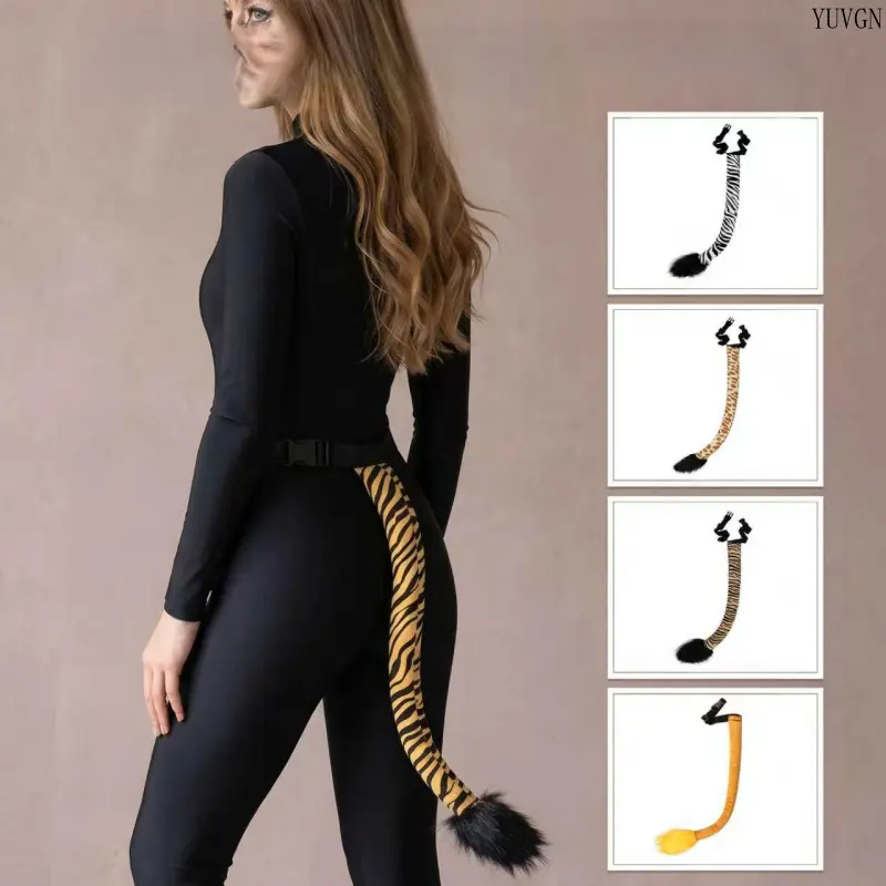 Animal Print Plush Costume Tail, Adjustable Belt Faux Fur Tail Accessory, Tiger Zebra Pattern Cosplay Prop for Halloween Party, Themed Dress-up, Festival Outfit and Photography Styling
