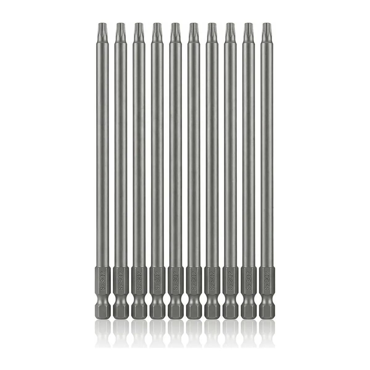 10-Piece Square Head Screwdriver Bit Set - S2 Steel, SQ2 Size, 1/4 Inch Hex Shank, 6 In Length (150 Mm), Magnetic Tip, High Precision Fit, Sandblasting Process, High Hardness, Power Tool Adapter Accessory for Power Drills, Impact Drills, Yes