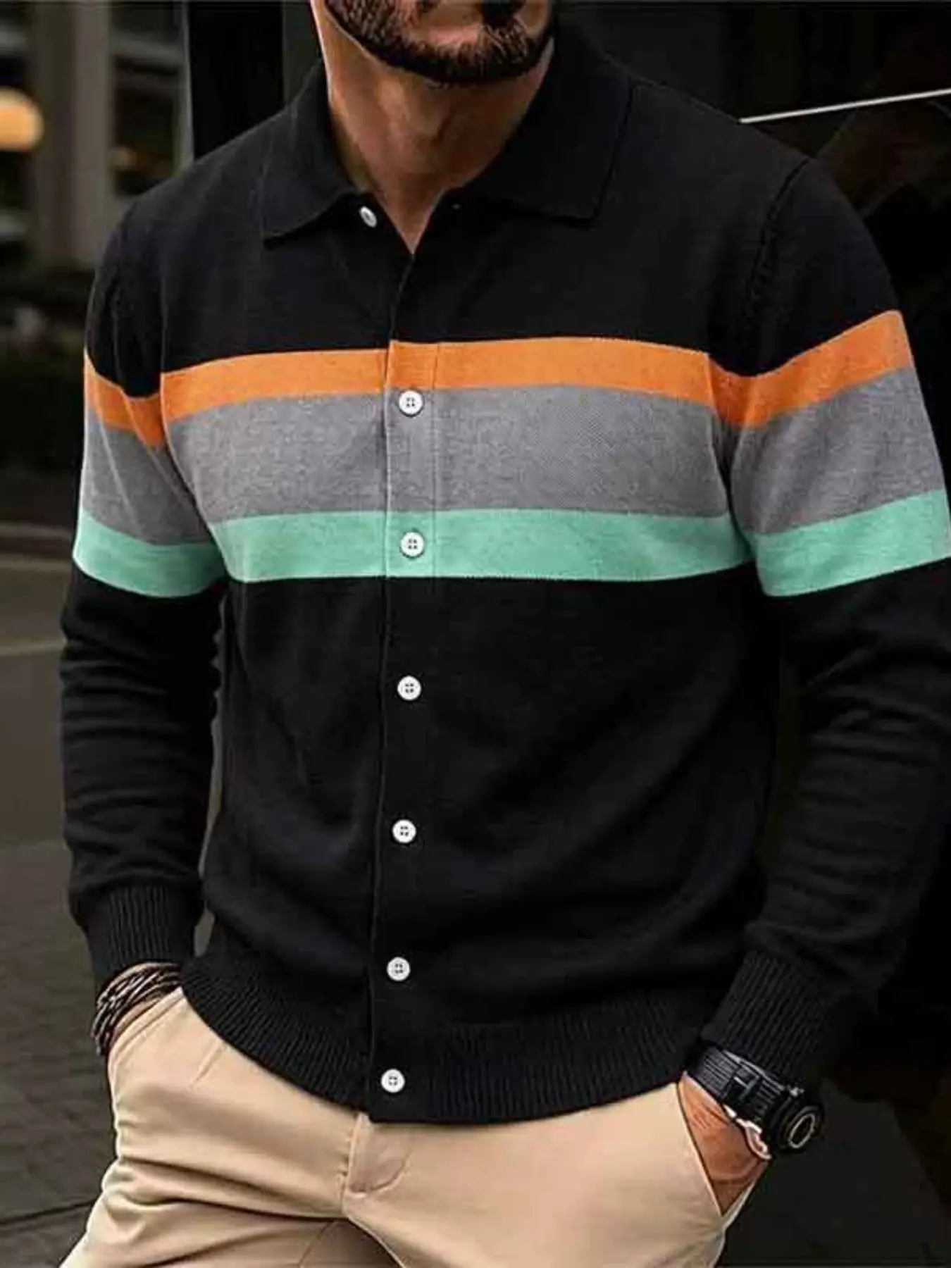 Men's High-End Striped Knit Polo Cardigan, Vintage Casual Style, Button Long Sleeve Sweater, Suitable for Daily and Light Business Scenes
