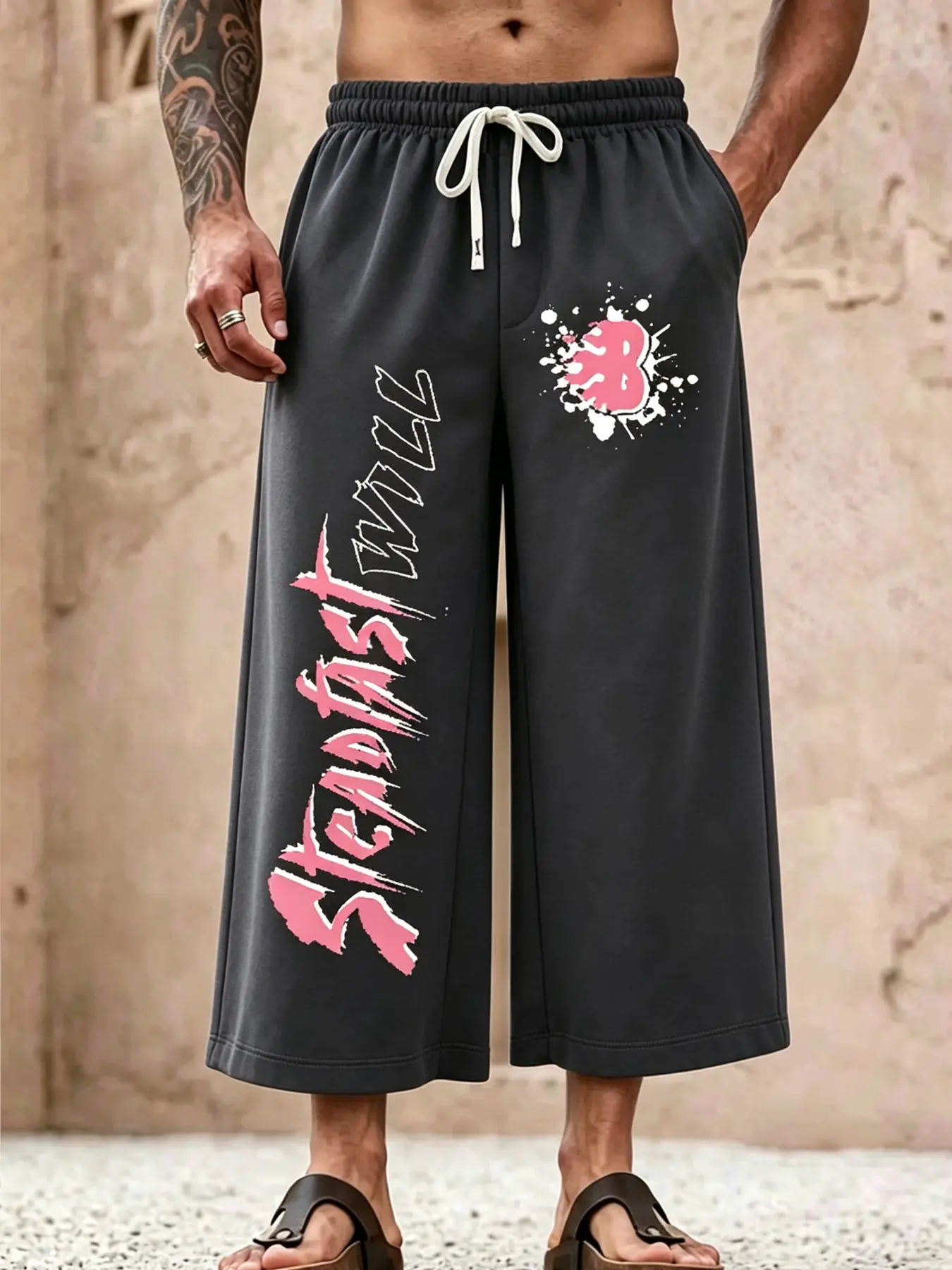 Men's Y2K Hip Hop Graffiti Print Wide Leg Sports Pants, Elastic Waist Drawstring, Side Pockets, Streetwear, Skateboarding, Daily Wear