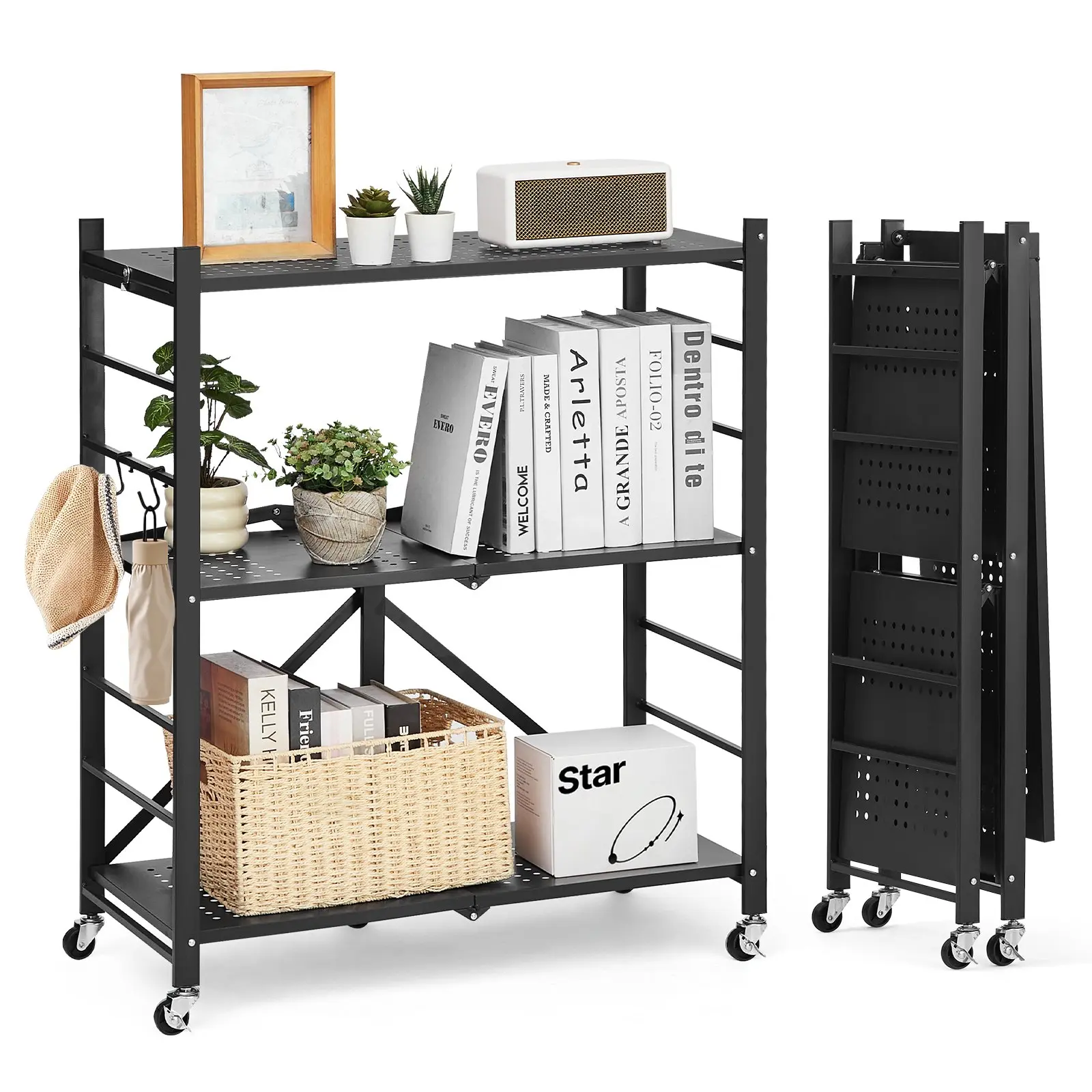 VEVOR 3-Tier Carbon Steel Foldable Storage Shelf (30x13x36"), No-Assembly Folding Steel Rack with 5 Wheels, 4 Hanging Hooks for Kitchen Use, Garage, Black, Shelving, Pantry Store