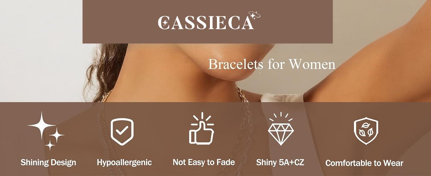 CASSIECA Gold Bracelet for Women 14K Gold Plated Stacking Bangle Tennis Bracelet Set Stainless Steel Adjustable Cubic Zirconia Tennis Bracelets Dainty Bangle Waterproof Jewellery Gifts for Women