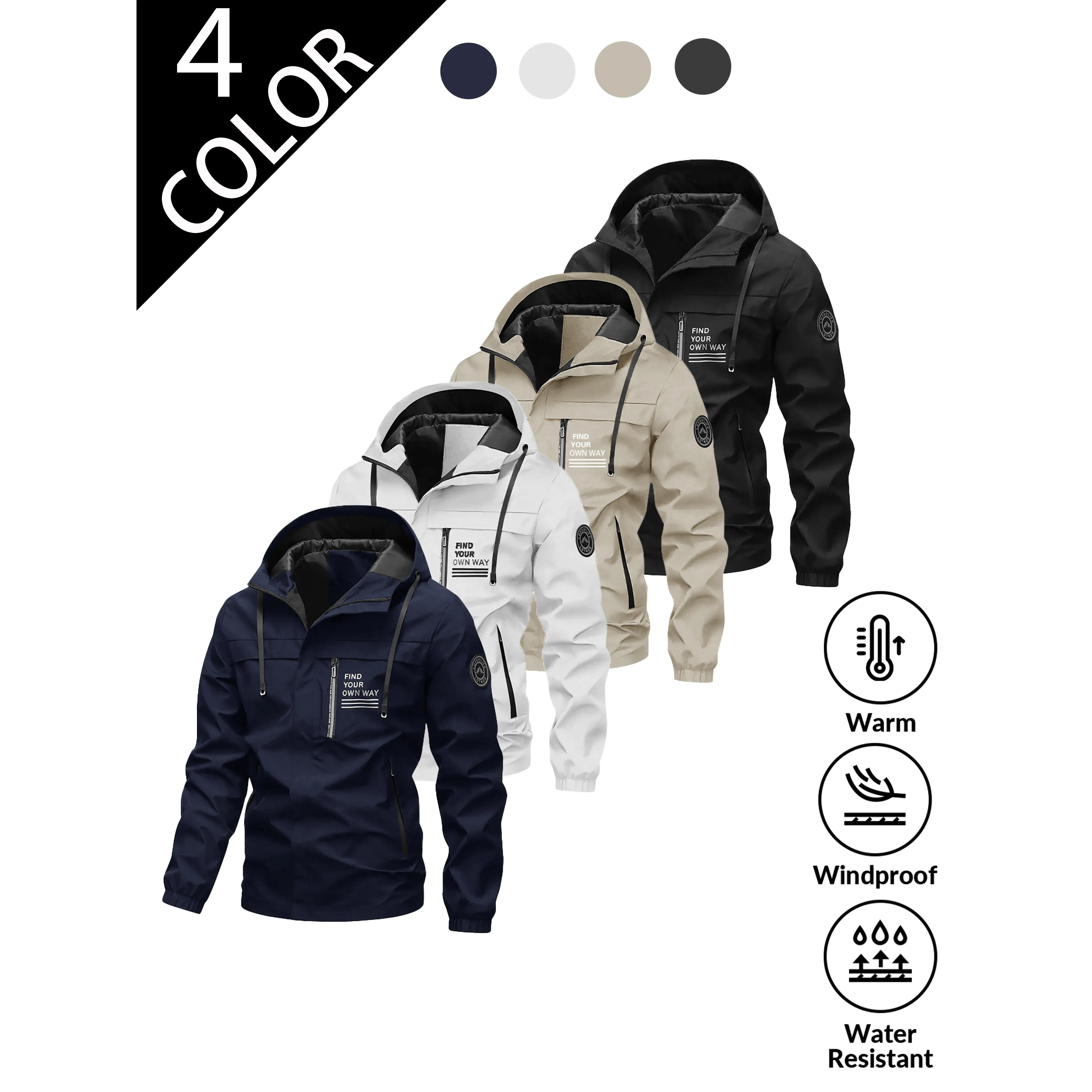 Men's Lightweight Windbreaker Jacket in Solid Colors, Water-Resistant & Light Breathable Hooded Outdoor Wear, Full-Length Fit for Camping Hiking, Multi-sizes, Long Sleeve, Male, Lightweight Fabric, 2Xl