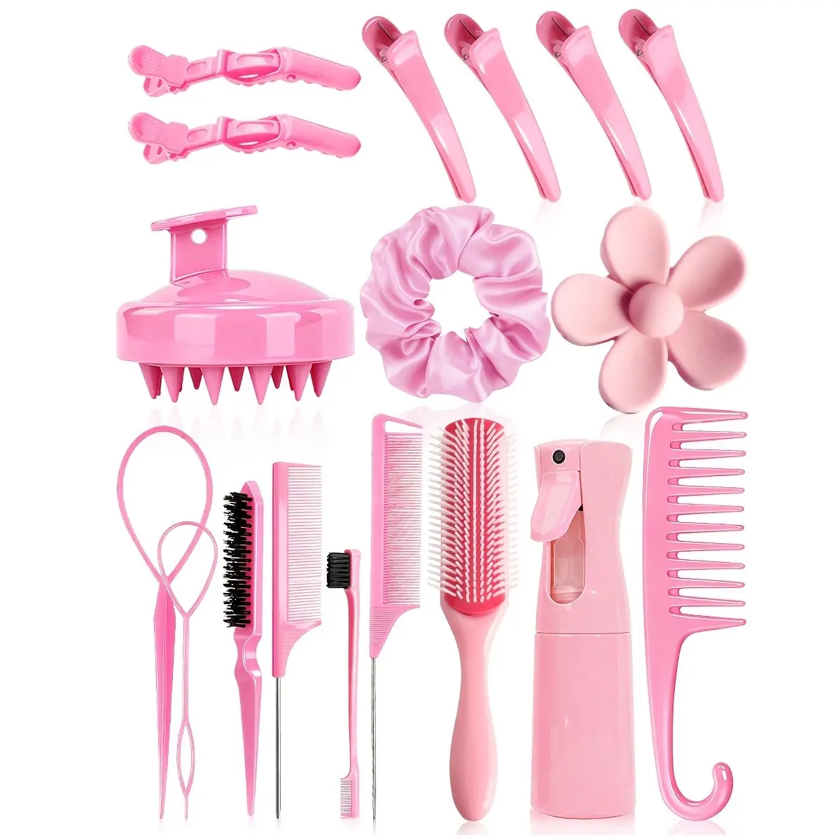 18pcs Hair Care Set, Hair Styling Tools, Includes Bubble Comb, Scalp Massager, Tail Brush, Braiding Tools, Hook Comb, Section Clips, Flower Clips, Hair Bands, Spray Bottle