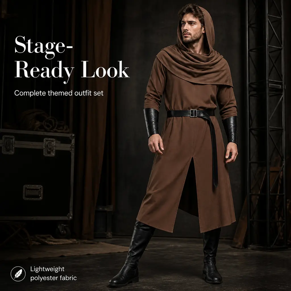 Men Medieval Wanderer Cosplay Costume Set, Brown Hooded Cowl Wrap, Front Split Long Tunic, Belt & Faux Leather Arm Guards, Renaissance Adventurer Outfit