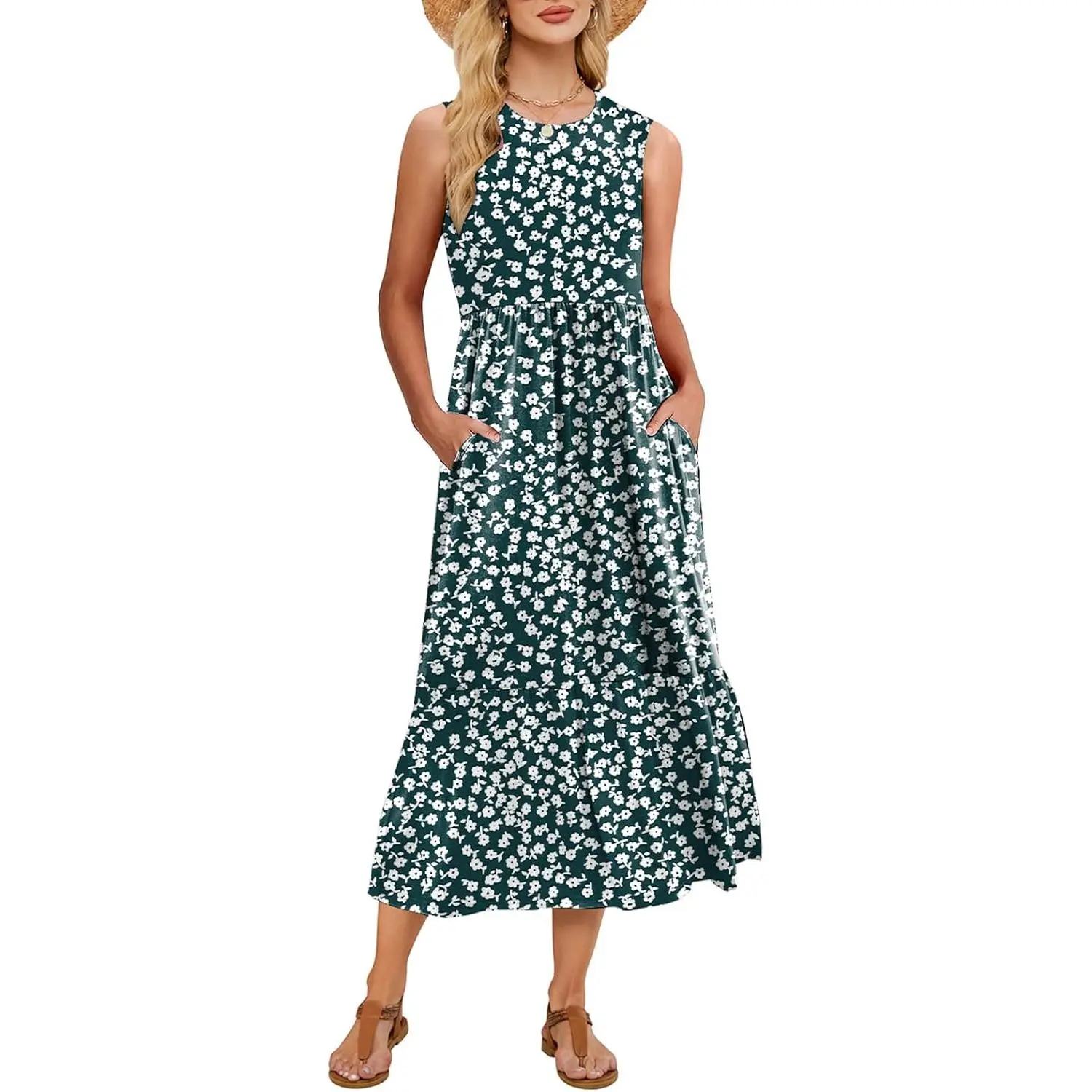 Women's Maxi Dress, Casual Sleeveless Round Neck A-Line Tiered Gown with Pockets for Summer Beach Casual Wear, Crew Neck, Long Length, Tiered Layer