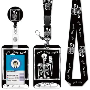 Retro Skeleton & Teacher Life ID Badge Holder Set with Retractable Badge Reel and Detachable Printed Lanyard, Slide Card Protector Cover for Nurse Teacher Office Staff Work Credentials