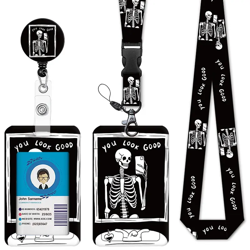 Retractable Badge Reel and Lanyard Set with Gothic Skeleton or Teacher Rainbow Prints, Waterproof ID Holder for Nurses, Teachers & Office Staff, Badge Reels, Cute Badge Reels