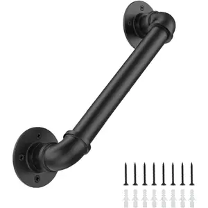 2FT Industrial Wall Mount Stair Railing φ1.3" Pipe Vintage Black Grab Bar for Indoor Outdoor Stairs Steps Porch Deck